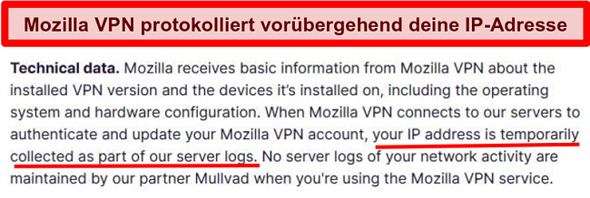 Ein Screenshot der Datenschutzrichtlinie von Mozilla VPN mit Ihrer IP-Adresse wird vorübergehend erfasst