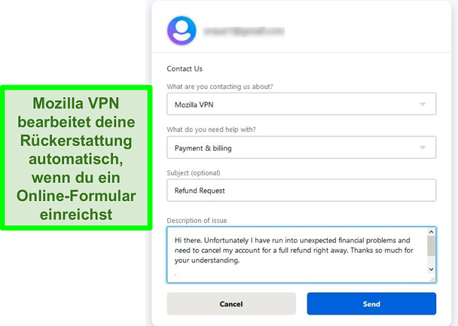 Screenshot des Kontaktformulars von Mozilla VPN, in dem eine Stornierung und Rückerstattung beantragt wird