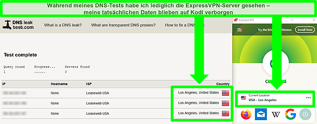 Screenshot von ExpressVPN, das einen DNS-Leak-Test besteht, während es mit einem Server in Los Angeles verbunden ist.