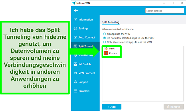 Screenshot des Einstellungsbildschirms von Hide.me mit der Registerkarte Split Tunnel.