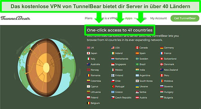 Screenshot der Serverliste von der TunnelBear-Website.