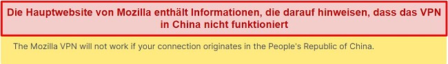 Screenshot einer Erklärung von der Website von Mozilla VPN, dass es in China nicht funktioniert