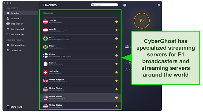 Screenshot of CyberGhost app showing streaming-optimized servers for official F1 Grand Prix race broadcasters