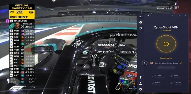 Screenshot of F1 Grand Prix race streaming on ESPN2 Live, Sling TV while CyberGhost is connected to a server in Los Angeles, USA