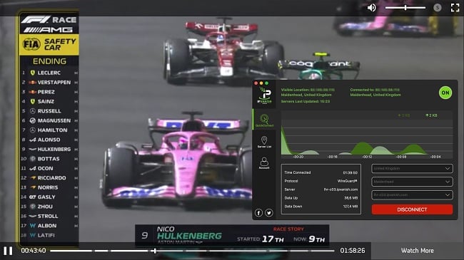 Screenshot of F1 Grand Prix race streaming on Channel 4 (UK) while IPVanish is connected to a server in Maidenhead, UK
