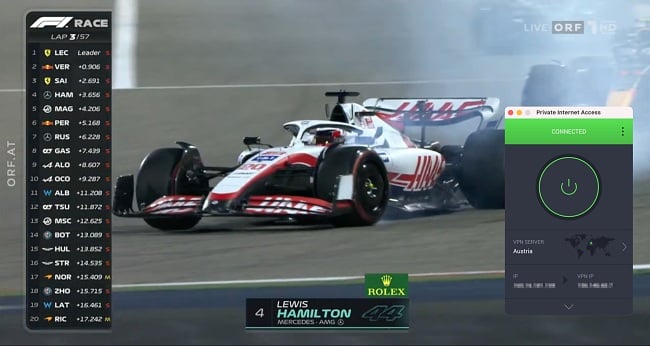 Capture d'écran de la course du Grand Prix de F1 en streaming sur ORF tandis que PIA est connecté à un serveur en Autriche