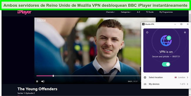 Captura de pantalla de BBC iPlayer que reproduce The Young Offenders mientras Mozilla VPN está conectado a un servidor en Londres, Reino Unido.