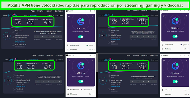 Captura de pantalla de 4 pruebas de velocidad con Mozilla VPN conectado a servidores de todo el mundo