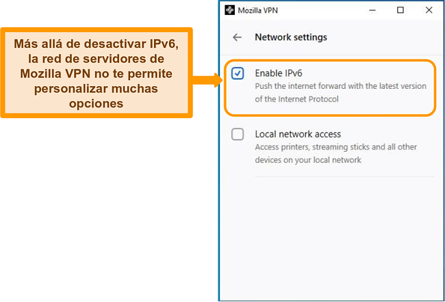 Captura de pantalla de la pantalla de configuración de red de Mozilla VPN