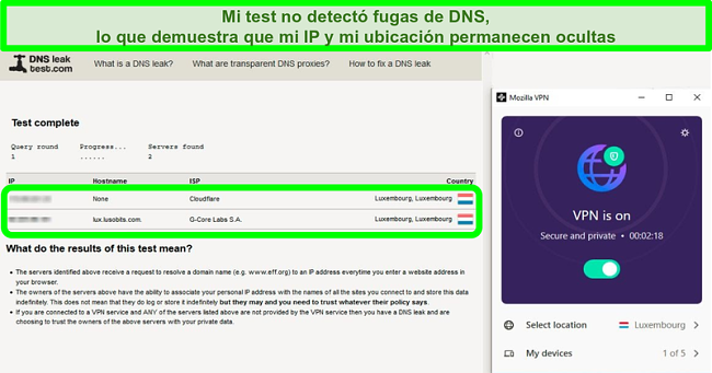 Captura de pantalla de una prueba de fugas de DNS mientras Mozilla VPN está conectado a un servidor de Luxemburgo