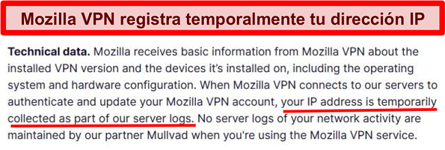 Captura de pantalla de la política de privacidad de Mozilla VPN que muestra que su dirección IP se recopila temporalmente