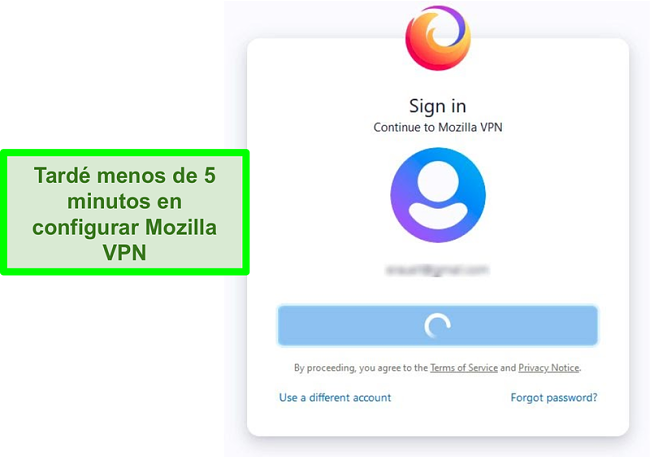Captura de pantalla de la pantalla de inicio de sesión de Mozilla VPN