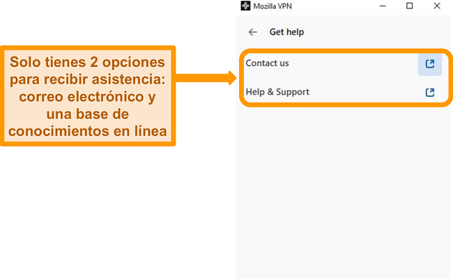 Captura de pantalla de la sección Obtener ayuda de Mozilla VPN del menú de configuración