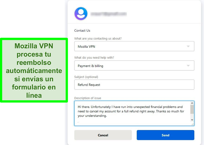 Captura de pantalla del formulario de contacto de Mozilla VPN solicitando una cancelación y reembolso