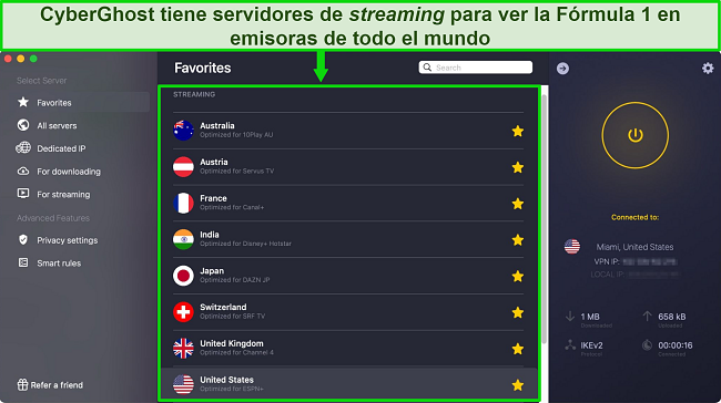 Aplicación CyberGhost que muestra servidores optimizados para streaming para emisoras oficiales de carreras del Gran Premio de F1