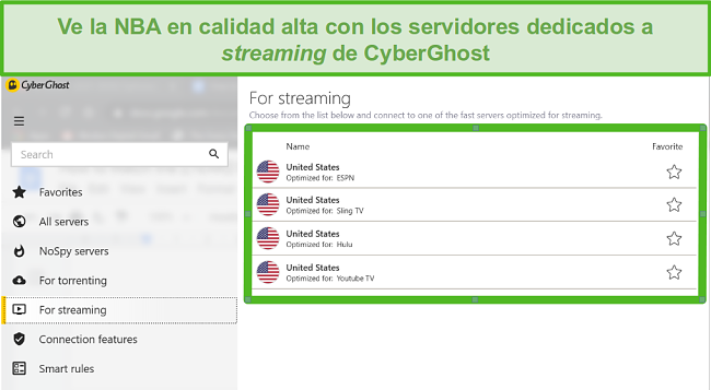 Captura de pantalla de los servidores de transmisión dedicados de CyberGhost que pueden acceder a los Playoffs de la NBA