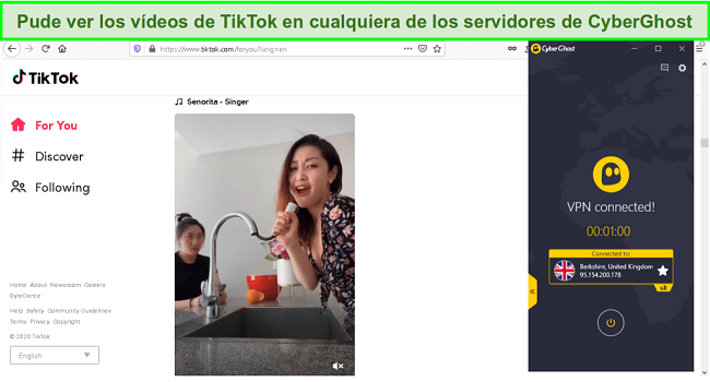 Captura de pantalla para desbloquear videos de TikTok con CyberGhost