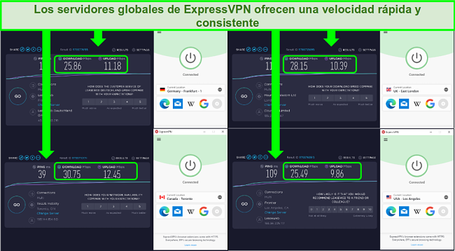 Captura de pantalla de las velocidades de los servidores globales de ExpressVPN con poca diferencia en Mbps de descarga