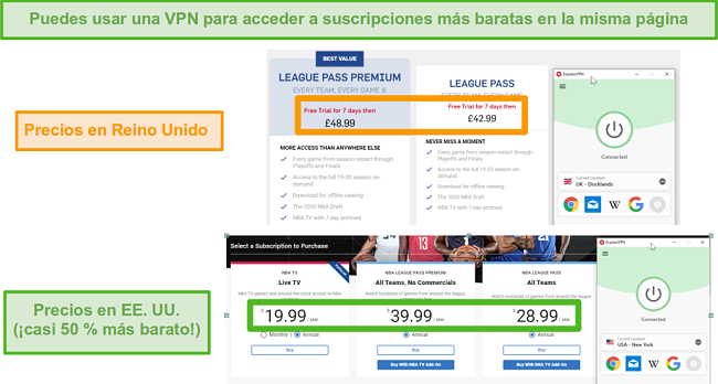 Captura de pantalla de ExpressVPN conectado a un servidor de EE. UU. Con un precio más barato en el NBA League Pass en comparación con un plan más caro del Reino Unido.