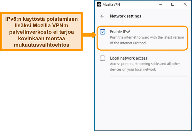 Näyttökuva Mozilla VPN: n verkkoasetusten näytöstä