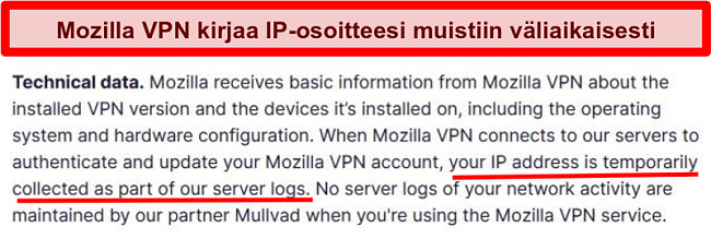 Näyttökuva Mozilla VPN: n tietosuojakäytännöstä, joka näyttää IP-osoitteesi, on väliaikaisesti kerätty