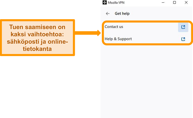 Näyttökuva Mozilla VPN: n Get help -osasta asetusvalikossa