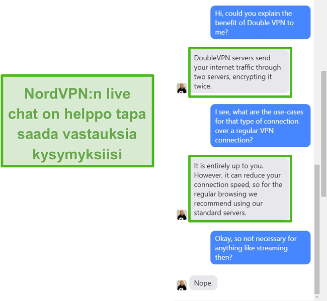 Näyttökuva NordVPN-live-chat-ohjeista.
