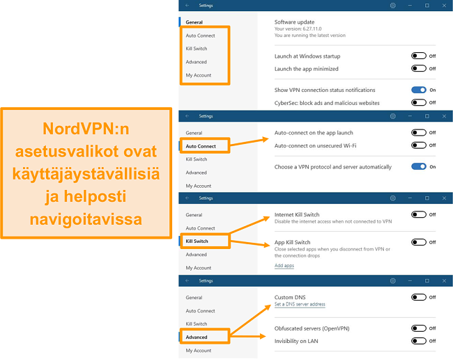 Näyttökuva NordVPN: n työpöydän valikoista.