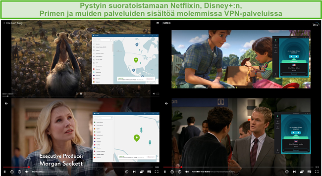 Näyttökuva NordVPN: n ja Surfsharkin estämisestä eri TV-ohjelmien ja elokuvien estoon Netflixissä ja Disney +: ssa.