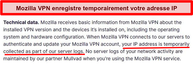 Capture d'écran de la politique de confidentialité de Mozilla VPN montrant que votre adresse IP est temporairement collectée
