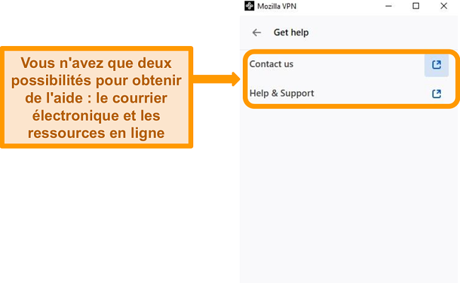 Capture d'écran de la section Obtenir de l'aide de Mozilla VPN dans le menu des paramètres