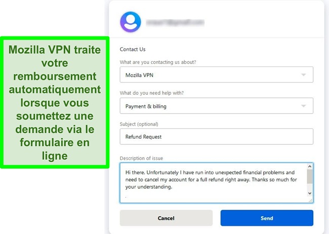 Capture d'écran du formulaire de contact de Mozilla VPN demandant une annulation et un remboursement