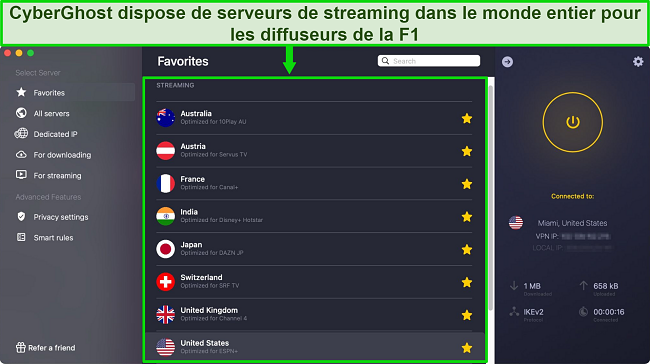 Application CyberGhost affichant des serveurs optimisés pour le streaming pour les diffuseurs officiels des Grands Prix de F1