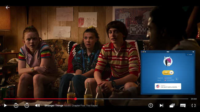 Screenshot of HMA streaming Stranger Things on Netflix