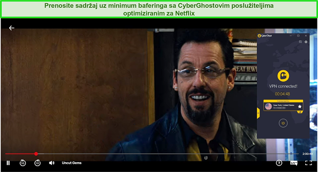 Snimka zaslona CyberGhost-a, zaobilazeći geoblokove tvrtke Netflix US za strujanje Uncut Gems-a