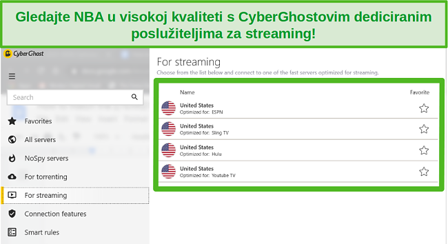 Snimka zaslona posvećenih streaming poslužitelja CyberGhost koji mogu pristupiti NBA doigravanju.