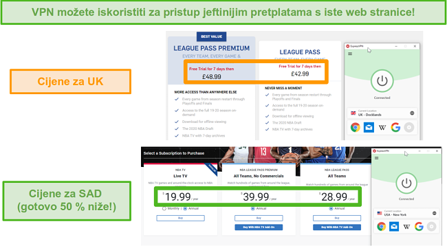 Snimka zaslona ExpressVPN-a povezanog s američkim poslužiteljem s nižom cijenom na NBA League Passu u usporedbi sa skupljim britanskim planom.