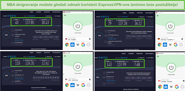 Snimke zaslona rezultata ispitivanja brzine ExpressVPN dok su povezani s poslužiteljima u Velikoj Britaniji, Njemačkoj, SAD-u i Kanadi.