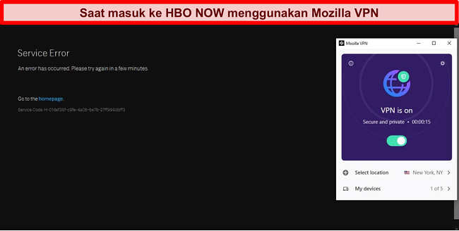 Tangkapan layar kesalahan di HBO NOW saat tersambung ke server Mozilla VPN di New York, NY