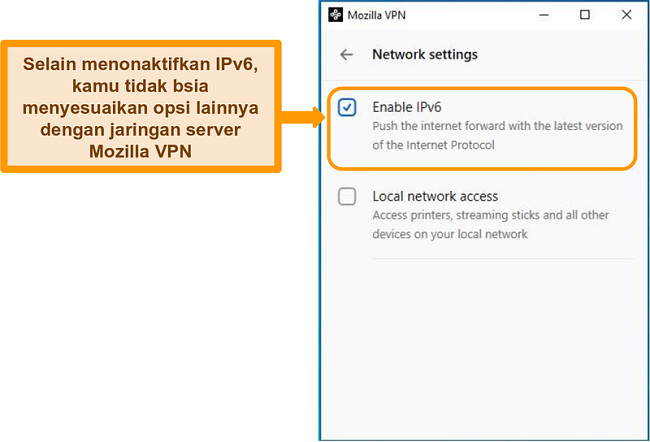 Tangkapan layar dari layar pengaturan jaringan Mozilla VPN