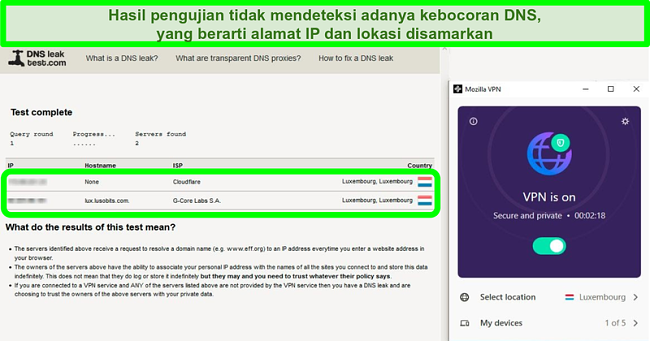 Tangkapan layar uji kebocoran DNS saat Mozilla VPN tersambung ke server Luksemburg