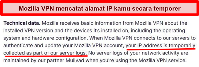 Tangkapan layar dari kebijakan privasi Mozilla VPN yang menunjukkan alamat IP Anda dikumpulkan untuk sementara