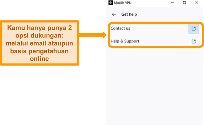 Cuplikan layar bagian Dapatkan bantuan VPN Mozilla dari menu pengaturan