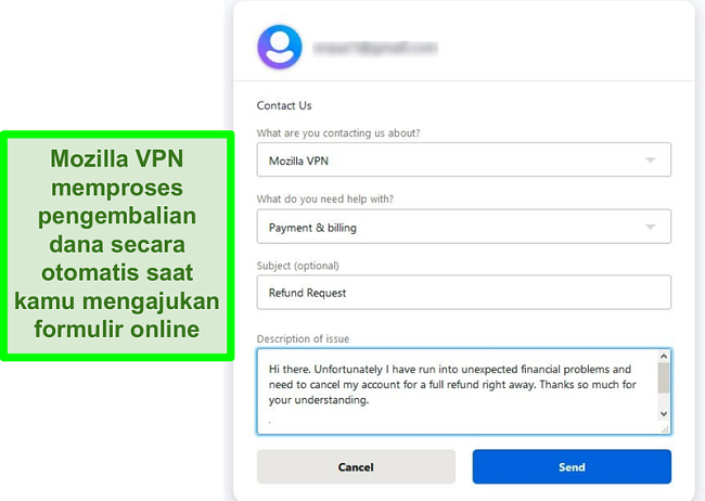 Tangkapan layar formulir kontak Mozilla VPN yang meminta pembatalan dan pengembalian dana