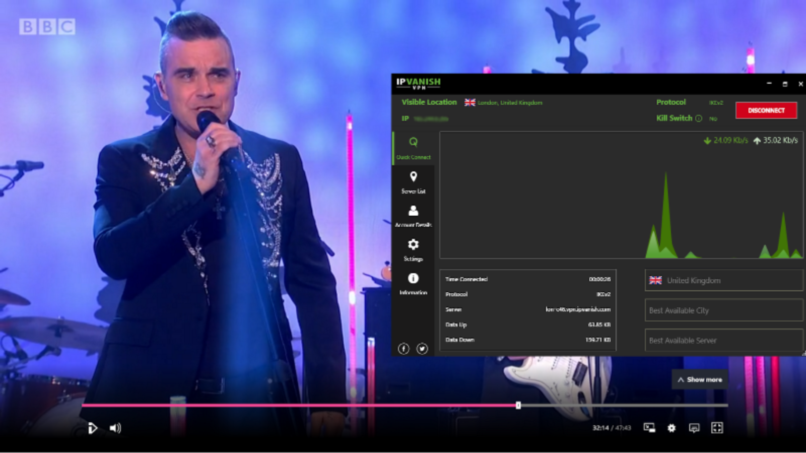 Captura de pantalla de ipvanish transmitiendo el show de Graham Norton en BBC iPlayer