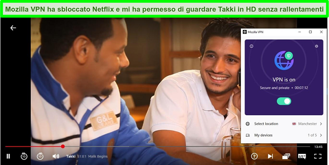 Screenshot di Takki che riproduce in HD su Netflix mentre Mozilla VPN è connesso a un server a Manchester, nel Regno Unito