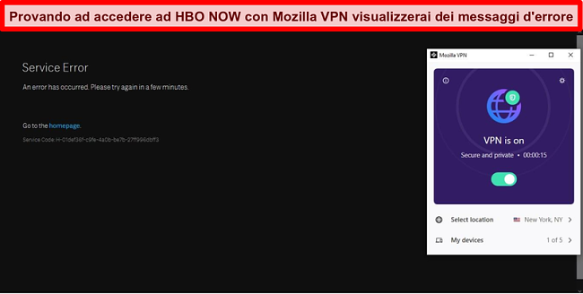Screenshot di un errore su HBO NOW durante la connessione al server di Mozilla VPN a New York, NY