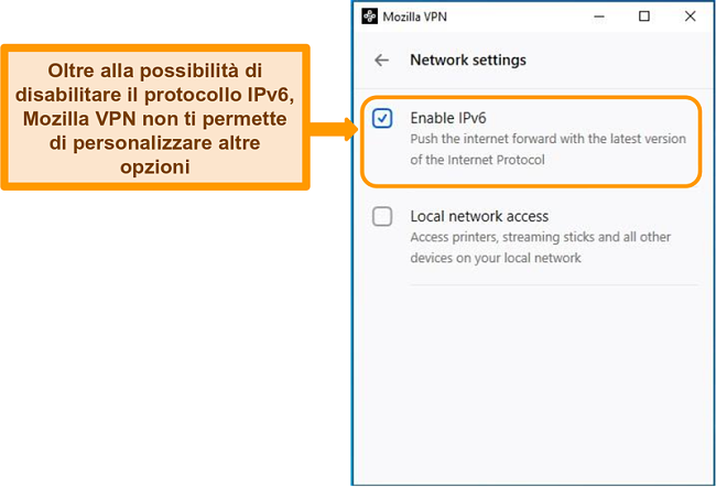 Screenshot della schermata delle impostazioni di rete di Mozilla VPN