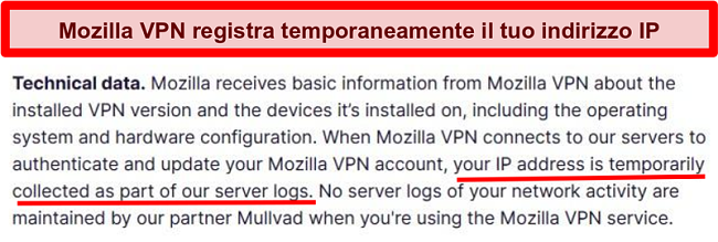 Screenshot della politica sulla privacy di Mozilla VPN che mostra il tuo indirizzo IP viene temporaneamente raccolto