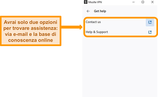 Screenshot della sezione Ottieni aiuto di Mozilla VPN nel menu delle impostazioni
